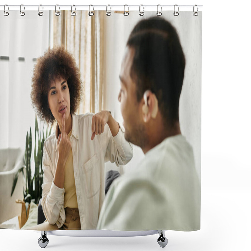 Personality  A Young African American Couple Signs To Each Other In Their Home. Shower Curtains