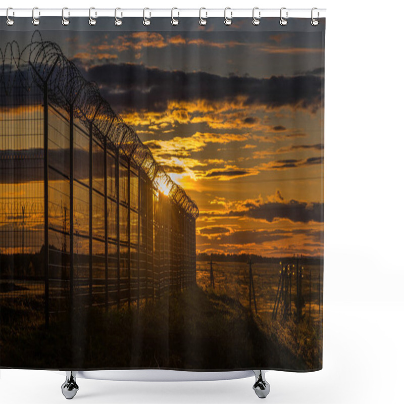 Personality  Closed Metal Fence With Barbed Wire In The Field During Sunset Shower Curtains