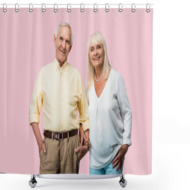 Personality  Happy Retired Man With Hand In Pocket Holding Hands With Cheerful Wife Isolated On Pink  Shower Curtains