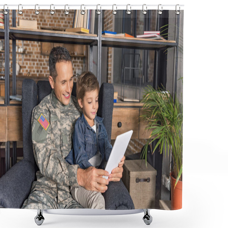 Personality  Military Father And Son Using Tablet Shower Curtains