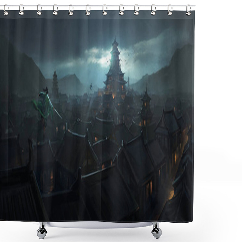 Personality  Swordsman In The Ancient Oriental City, 3D Illustration. Shower Curtains