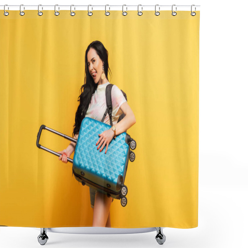 Personality  Happy Brunette Girl With Suitcase And Backpack On Yellow Background Shower Curtains