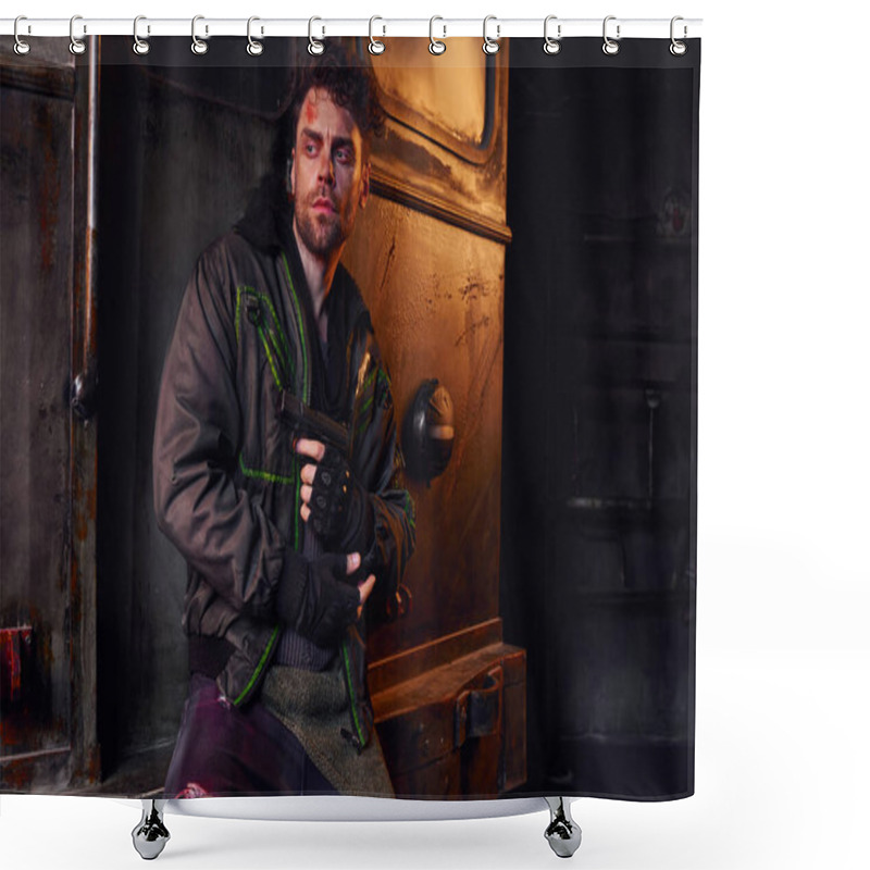 Personality  Survived Injured Man Holding Gun And Looking Away In Abandoned Subway, Post-apocalyptic Concept Shower Curtains