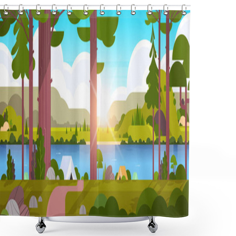 Personality  Tents Camping Area In Forest Summer Camp Concept Sunny Day Sunrise Landscape Nature Background With Water Mountains And Hills Flat Horizontal Shower Curtains