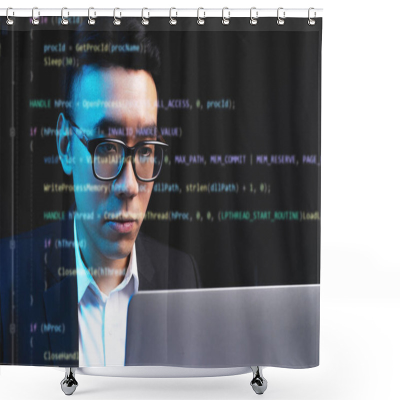 Personality  Asian Man Focusing On Programming With Lines Of Code Running On The Screen Shower Curtains