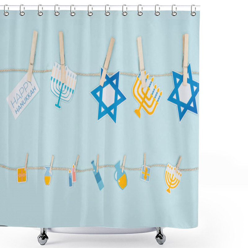 Personality  Top View Of Hannukah Holiday Paper Signs Pegged On Rope Isolated On Blue, Hannukah Concept Shower Curtains