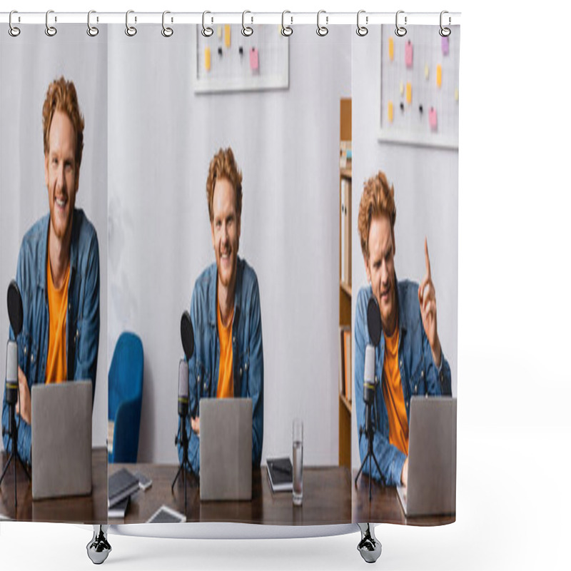 Personality  Collage Of Redhead Broadcaster Showing Idea Gesture And Looking At Camera Near Microphone And Laptop, Horizontal Image Shower Curtains