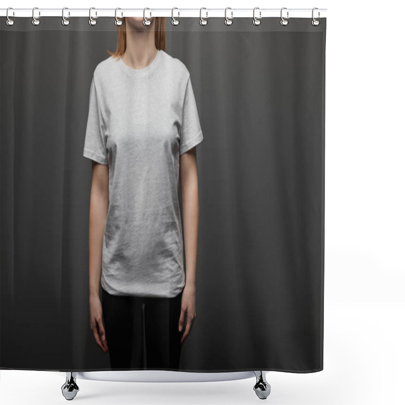 Personality  Cropped View Of Woman In Blank Basic Grey T-shirt On Black Background Shower Curtains