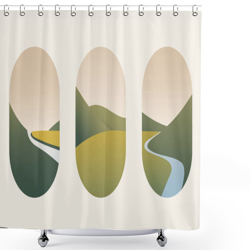 Personality  Vector Illustration. A River Meandering Through Green Meadows And Hills, Under A Sky With Warm Sunset Tones. The Landscape Is Done In Soft Pastel Colors. Shower Curtains