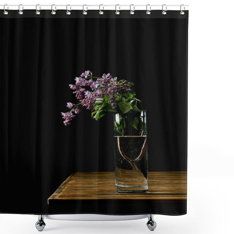 Personality  Close-up Shot Of Branch Of Lilac Flowers In Vase On Wooden Table Isolated On Black Shower Curtains