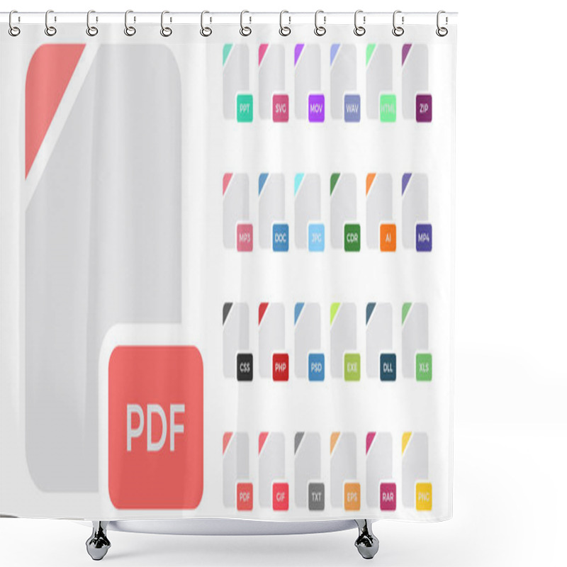 Personality  Flat File Format Icons. Audio, Video, Image, System, Archive, Code And Document File Types Shower Curtains