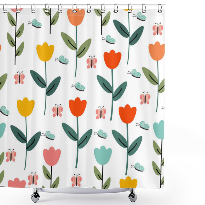 Personality  Seamless Floral Pattern Featuring Vibrant Spring Flowers Like Tulips, Daisies, And Other Blooming Blossoms. This Colorful And Cheerful Design Is Perfect For Seasonal Decorations, Textiles, Greeting Cards, And Wrapping Paper. Shower Curtains