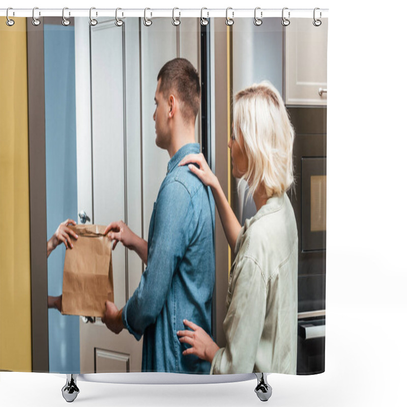 Personality  Delivery Man Giving Package To Young Couple Near Open Door At Home Shower Curtains