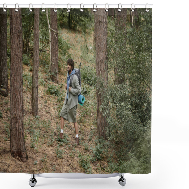 Personality  Young Indian Hiker In Shirt And Shorts Holding Backpack While Walking In Forest Shower Curtains