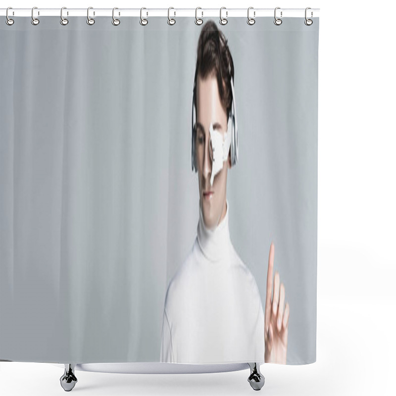 Personality  Cyborg Man In Headphones Pointing With Finger Up Isolated On Grey, Banner Shower Curtains