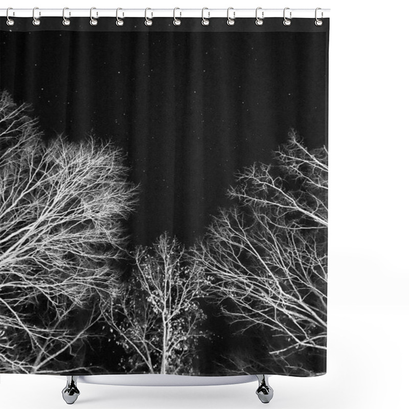 Personality  A Serene Black And White Image Capturing A Starry Night Sky Framed By Bare Winter Tree Branches, Evoking Feelings Of Calm And Wonder. Shower Curtains