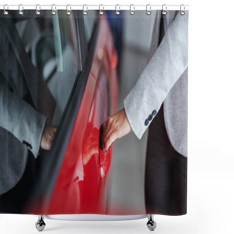 Personality  Closeup Of Female Car Seller Opening Car Door While Standing In Car Salon. Shower Curtains