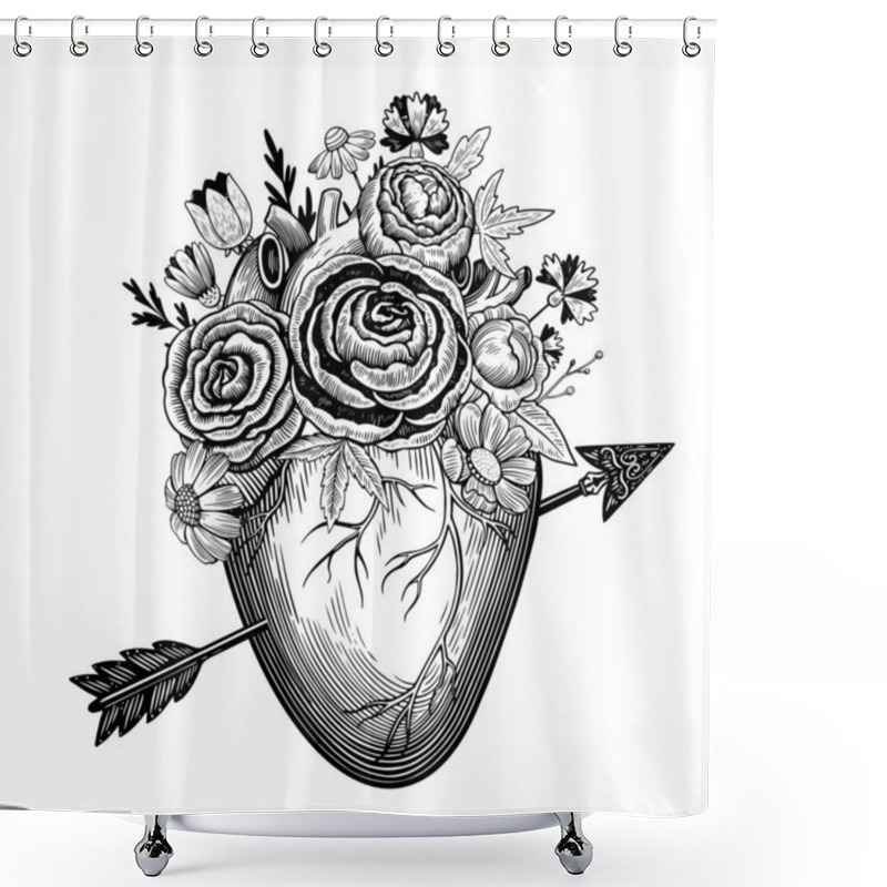 Personality  Vintage Illustration Of Heart Pierced By An Arrow In Engraving Style With Retro Flowers. Black And White Vector Drawing. Shower Curtains