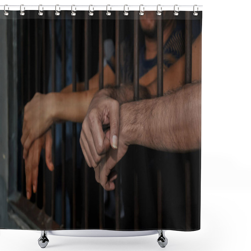 Personality  Hands Of A Prisoner Behind Prison Bars On Black Background Shower Curtains