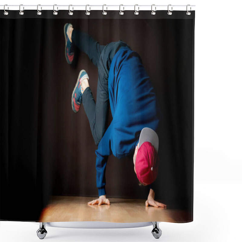 Personality  The Process Of Doing Freeze By Young Dancer In Dark Studio B Shower Curtains