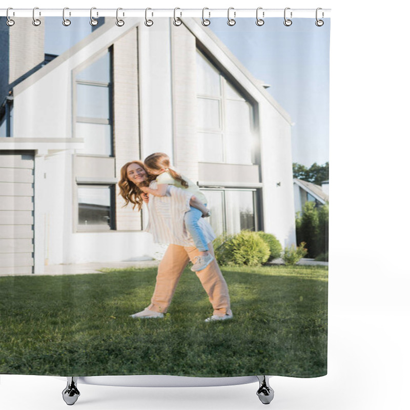 Personality  Smiling Mother Piggybacking Daughter Near Modern House Shower Curtains