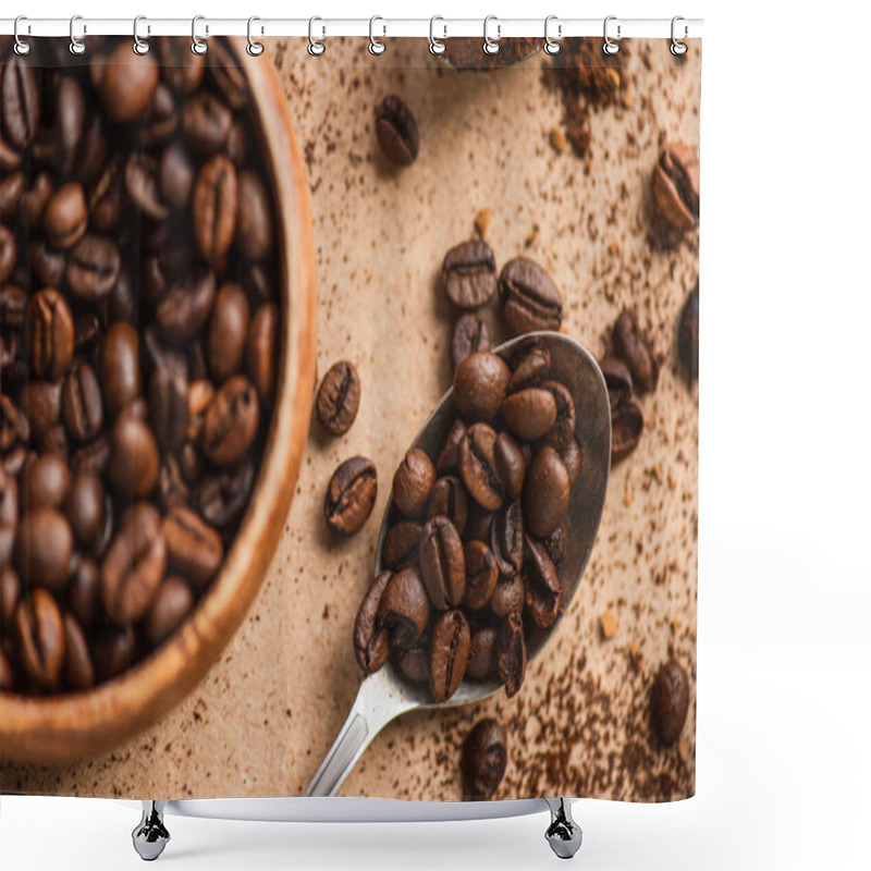 Personality  Top View Of Coffee Beans In Spoon And Wooden Bowl On Beige Surface Shower Curtains