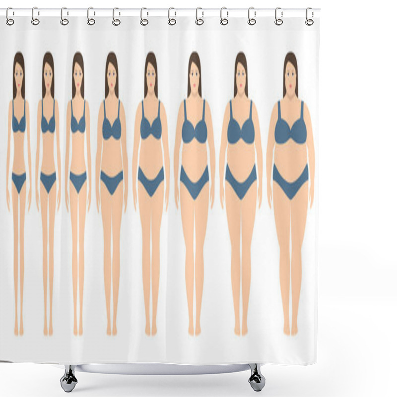 Personality  Vector Illustration  Of Women With Different  Weight From Anorexia To Extremely Obese. Body Mass Index, Weight Loss Concept. Shower Curtains