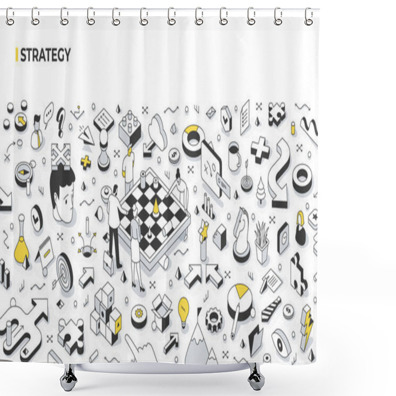 Personality  The Concept Of Strategy And Decision-making. The Team Develops The Company's Strategy By Standing Around The Chessboard. Building Strategies And Strategic Thinking. Abstract Isometric Illustration Shower Curtains