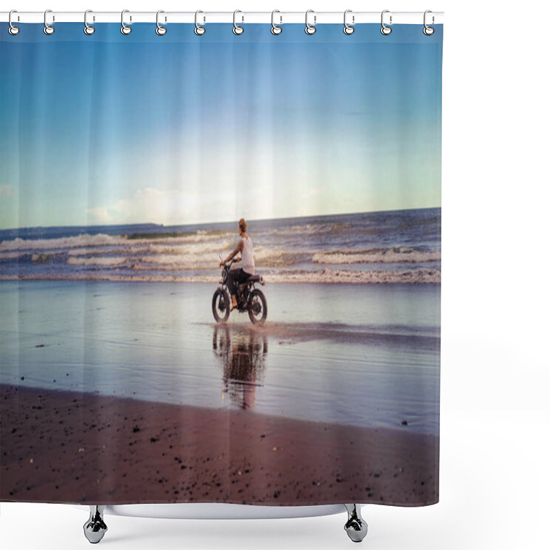 Personality  Tattooed Man Riding Motorcycle On Ocean Beach During Sunrise Shower Curtains