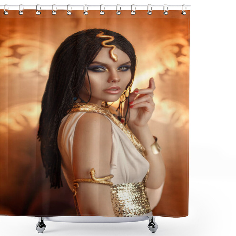 Personality  Woman Queen Cleopatra Art Photo. Creative Golden Makeup Black Hair Braids. Carnival Ethnic Egypt Costume Dress. Accessories Jewelry Snake Bracelet Crown. Fashion Model Girl Beautiful Face Close-up Shower Curtains