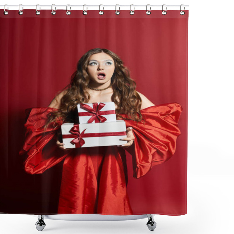 Personality  A Young Woman In A Striking Red Outfit Expresses Surprise While Holding Beautifully Wrapped Gifts. Shower Curtains