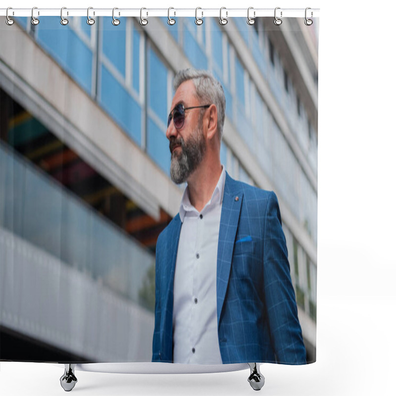 Personality  A Handsome Stylish Business Mature Man Wearing Sunglasses Suit And A White Shirt While Walking In The City Street Near The Urban Building. H Shower Curtains