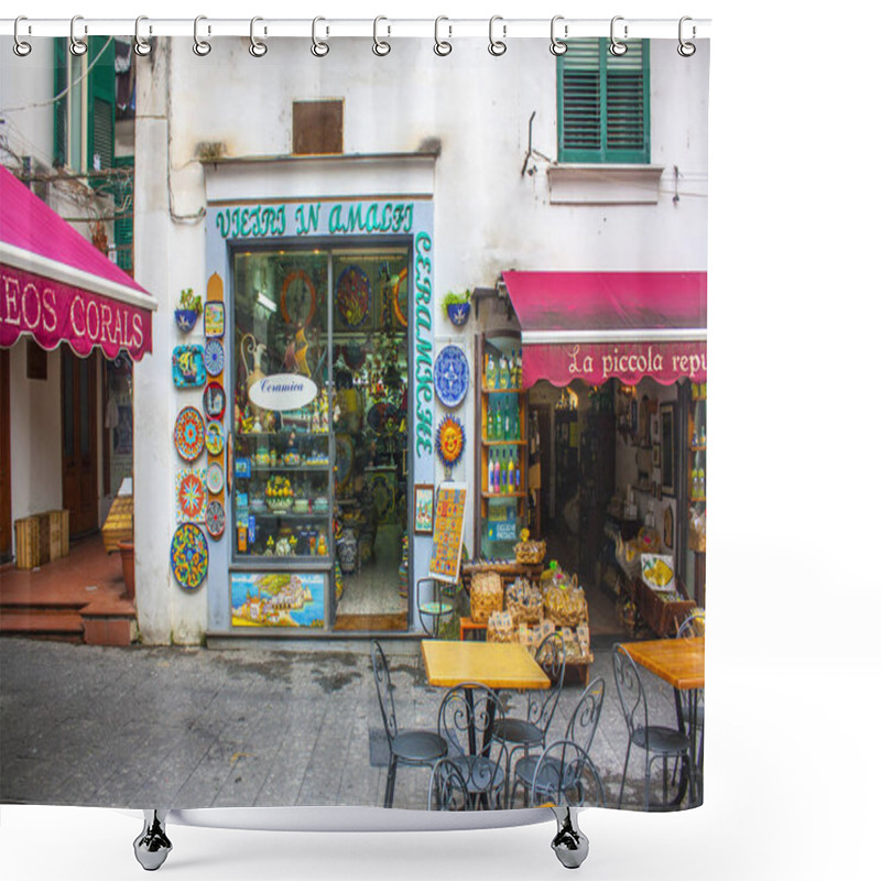 Personality  Amalfi, Italy - March 8, 2018: Italian Souvenir Shop In Amalfi Shower Curtains