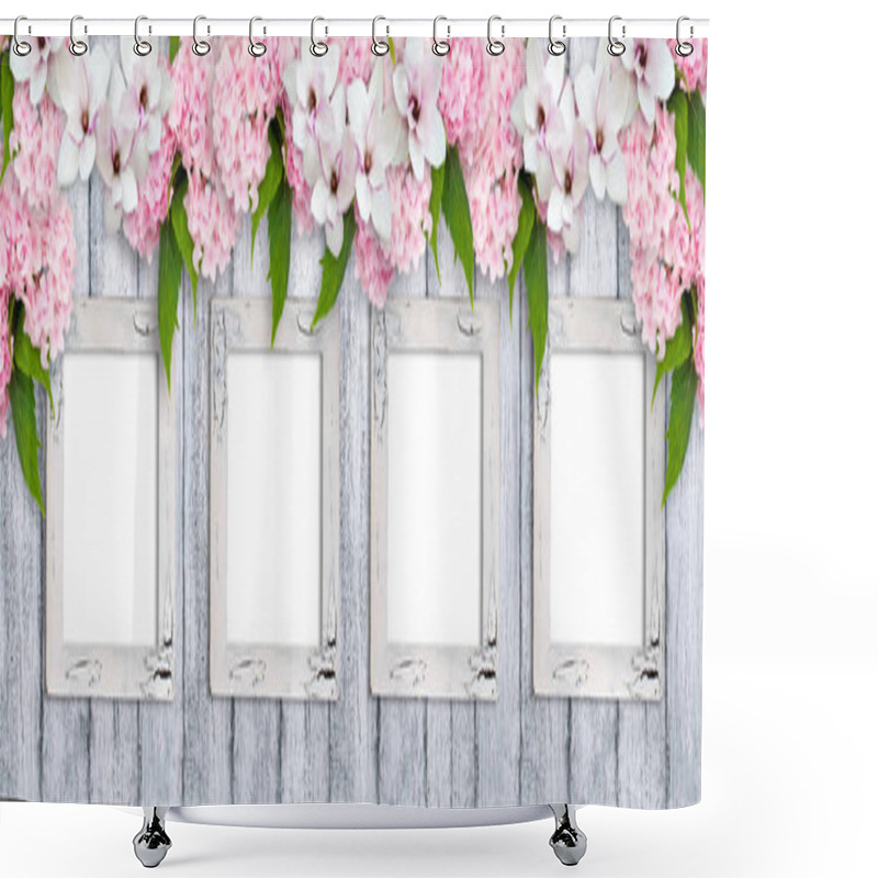 Personality  Photo Frames With Magnolia Flowers, Roses And Hortensia Shower Curtains