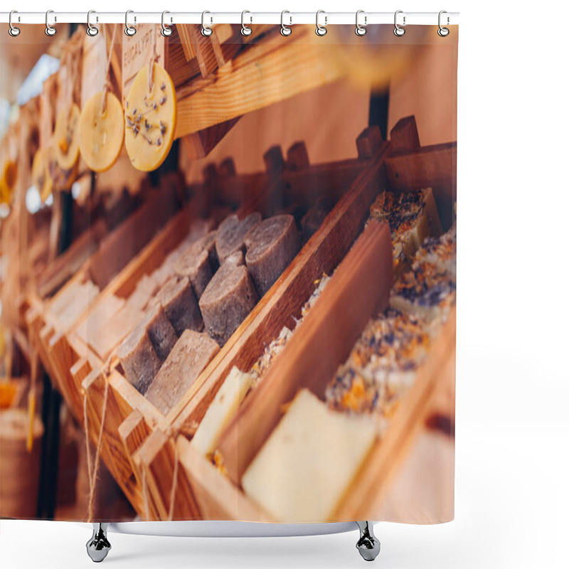 Personality  Showcase With Hand-made Soap In Wooden Boxes. Sale Of Organic Cosmetics In Store. Eucalyptus Fragrance. Natural Beuty Bodycare Products Shower Curtains