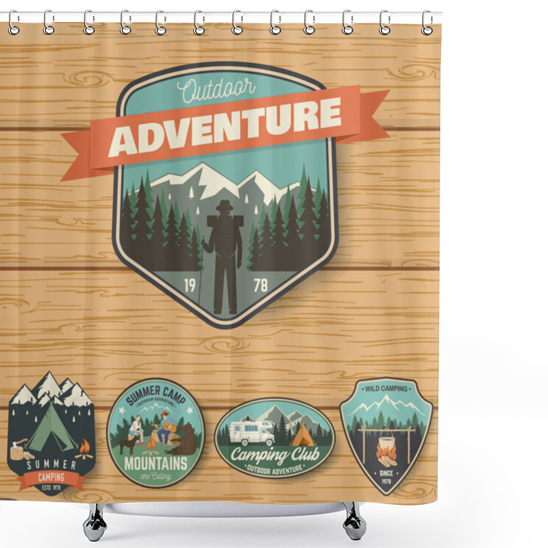 Personality  Set Of Summer Camp Badges On The Wood Board. Vector. Shower Curtains