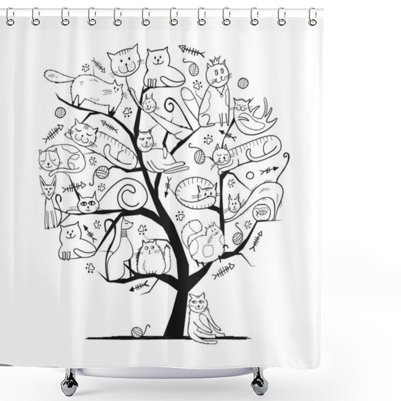 Personality  World Cats Day. Art Tree With Funny Cats For Your Design Shower Curtains