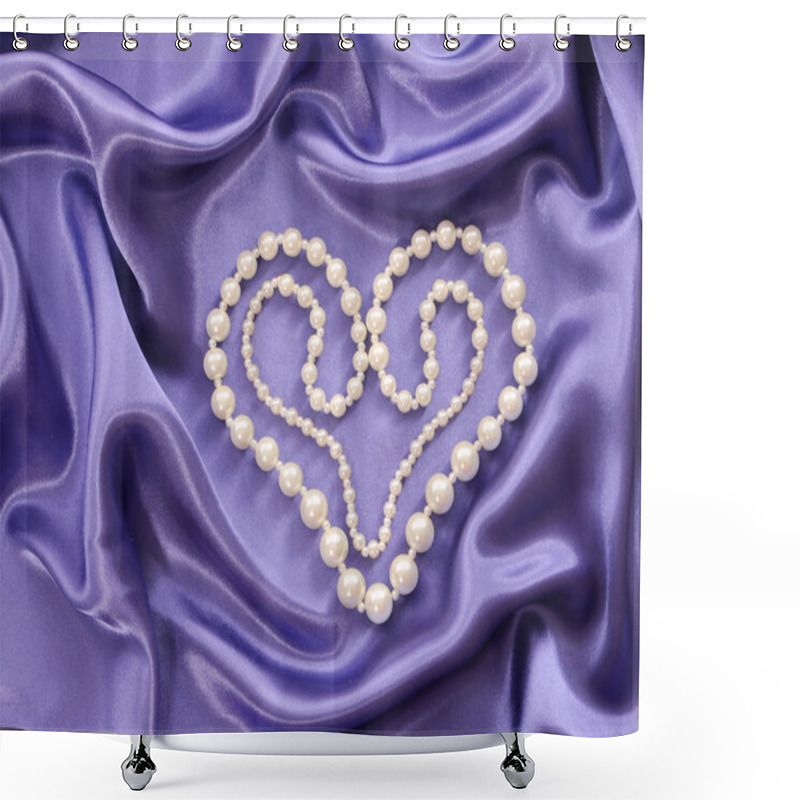 Personality  Pearl Necklace In Heart Shape On Blue Silk Fabric Shower Curtains