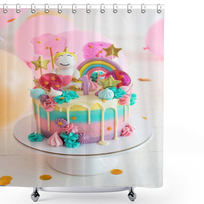 Personality  Party Cake With Unicorn For First Birthday Shower Curtains