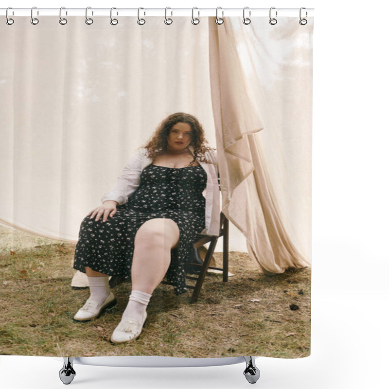 Personality  A Plus Size Woman In A Floral Dress Relaxes In A Tranquil Field Under Soft Sunlight. Shower Curtains