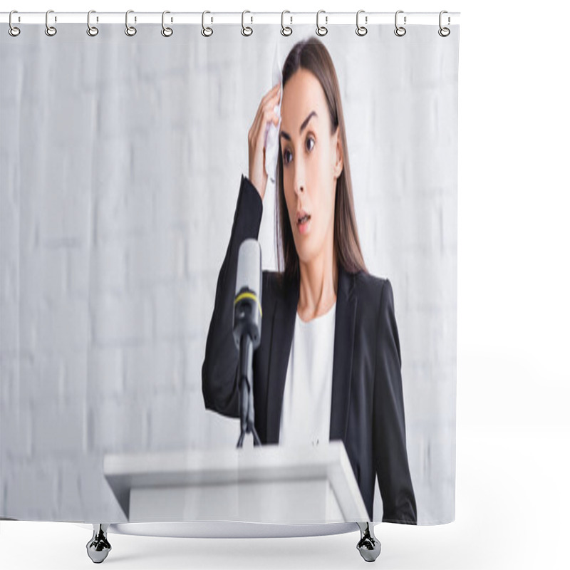 Personality  Panoramic Shot Of Worried Lecturer Suffering From Fear Of Public Speaking Holding Napkin Near Forehead While Standing On Podium Tribune Shower Curtains