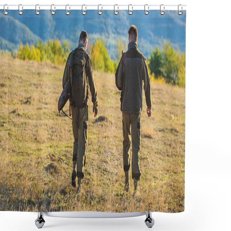 Personality  Hunters Friends Gamekeepers Walk Mountains Background. Hunters Rifles Nature Environment. Hunter Friend Enjoy Leisure. Hunting With Partner Provide Greater Measure Safety Often Fun And Rewarding Shower Curtains