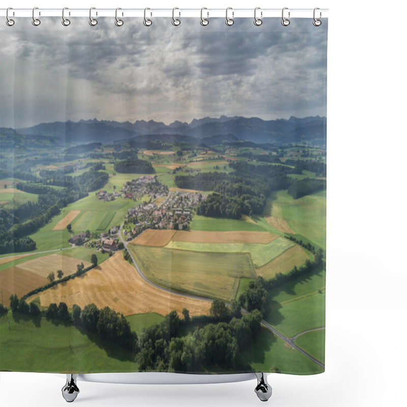 Personality  Aerial View Of Swiss Countryside. Pre-alpine Landscape In Switzerland. Peaceful Farmland In Rural Area. Shower Curtains