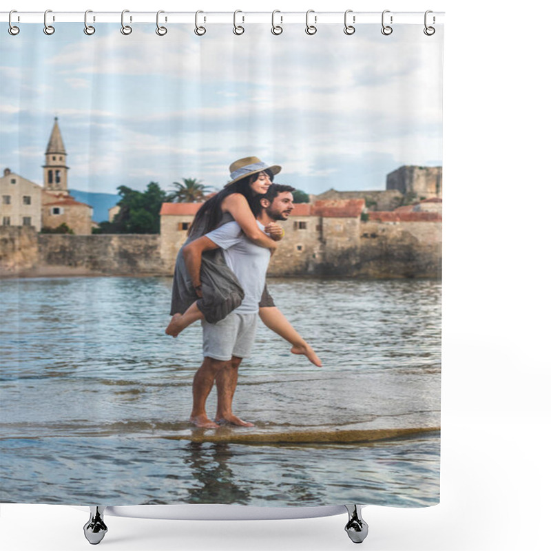 Personality  Boyfriend Giving Piggyback To Girlfriend On Ricardova Glava Beach In Budva, Montenegro Shower Curtains