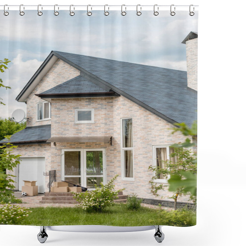 Personality  Front View Of Cardboard Boxes, Soccer Ball And Guitar For Relocation In Front Of Modern Cottage  Shower Curtains