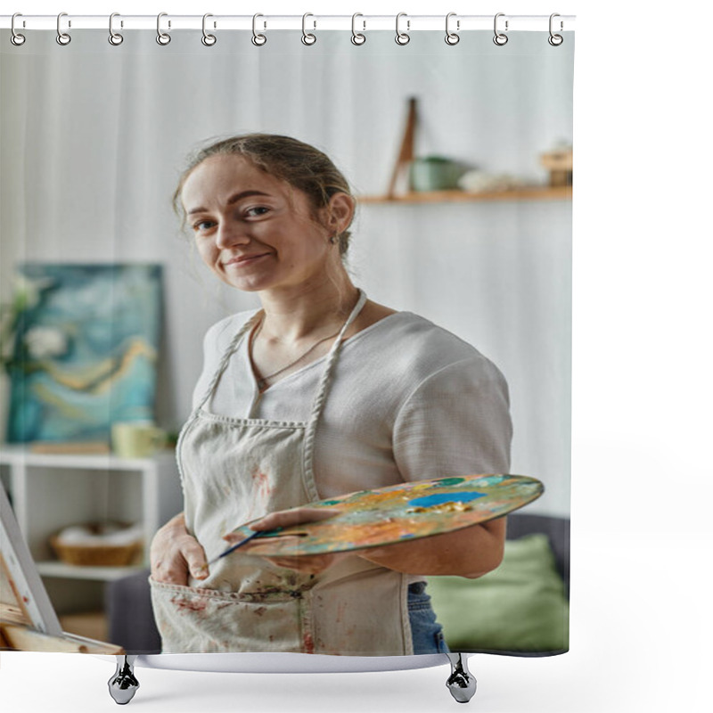 Personality  A Talented Woman Embraces Her Artistry While Showcasing Vibrant Paints In A Sunny Studio. Shower Curtains