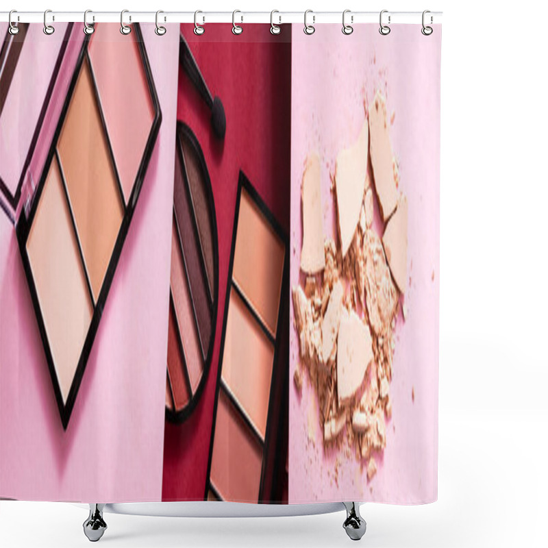 Personality  Collage Of Pastel Eye Shadow And Blush Palettes Near Cracked Face Powder On Pink And Crimson Shower Curtains