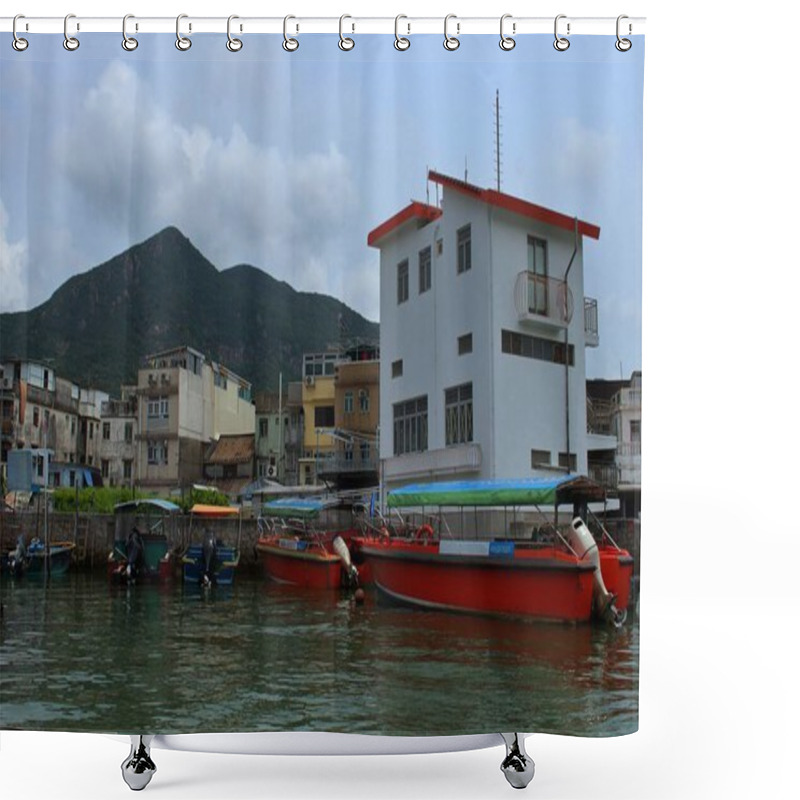 Personality  Tai O Fishing Village In Hong Kong With Traditional Stilt Houses Lining The Canal, Wooden Boats Moored Along The Water, And Lush Green Hills Rising In The Background Shower Curtains