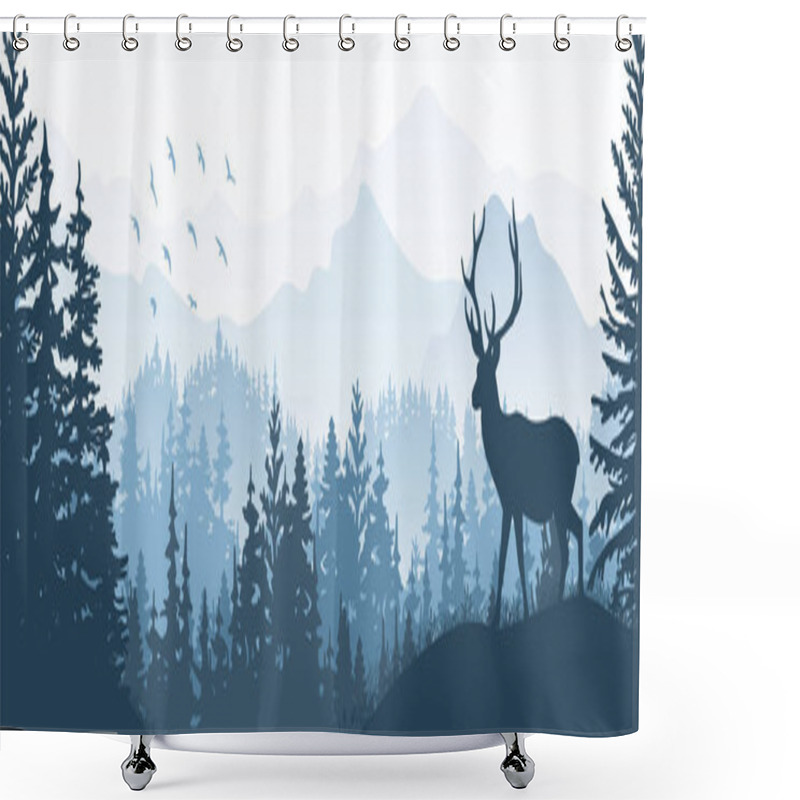 Personality  Horizontal Banner. Silhouette Of Deer Standing On Grass Hill. Mountains And Forest In The Background. Magical Misty Landscape, Trees, Animal. Blue Illustration, Bookmark. Shower Curtains