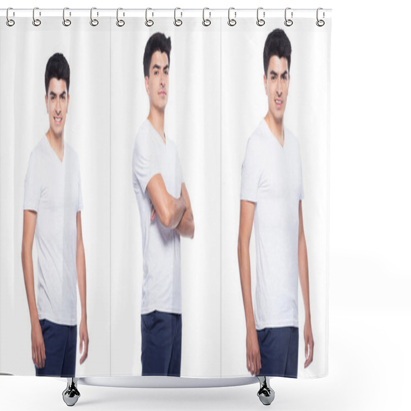 Personality  Young Caucasian Man In Empty Area Blank White T-Shirt Jeans Stand And Pose Arms Hands With Feeling Happy Smile Strong, White Background Isolated, Portrait  Collage Group Concept Shower Curtains